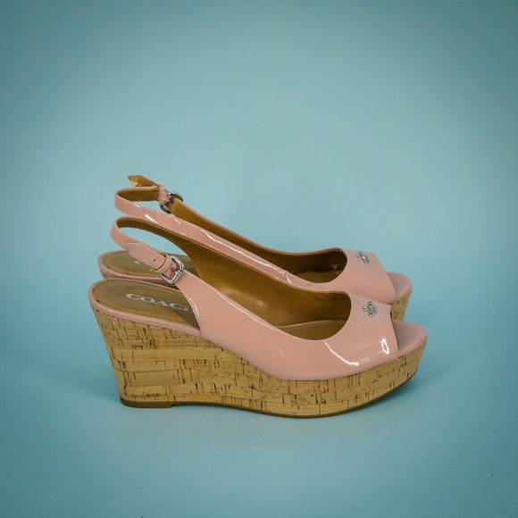 Coach Size 9.5 Ferry Pink Patent Leather Peep Toe Slingback Cork Platform Sandal - Picture 5 of 11